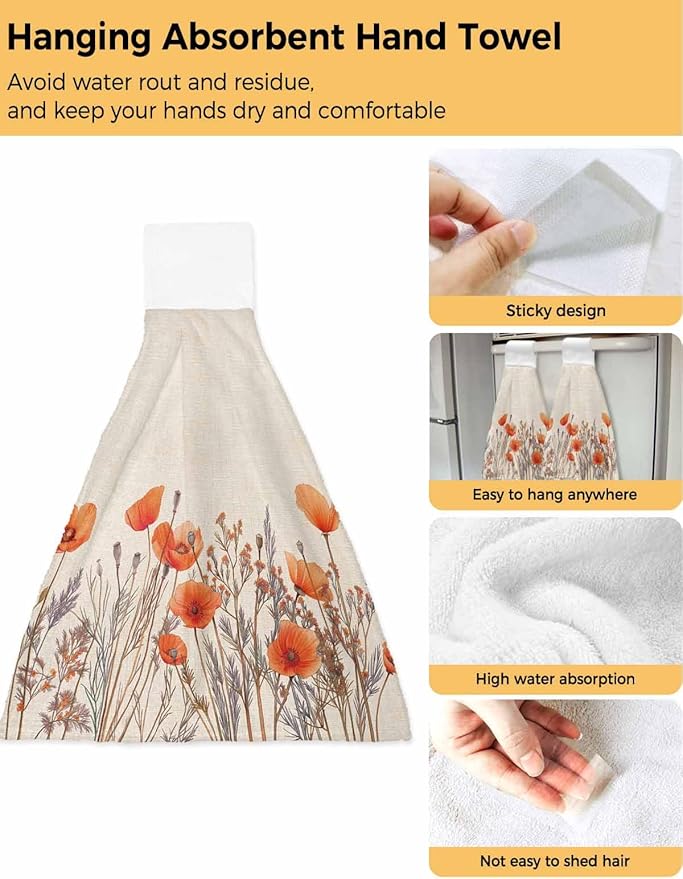 Alandar Home Kitchen Tie Towel Set of 2, Watercolor Garden Flower Plant Absorbent Soft Hand Towels for Bathroom Hanging Towels, Blossom Poppy Floral on Burlap Fast Drying Cleaning Cloth with Loop