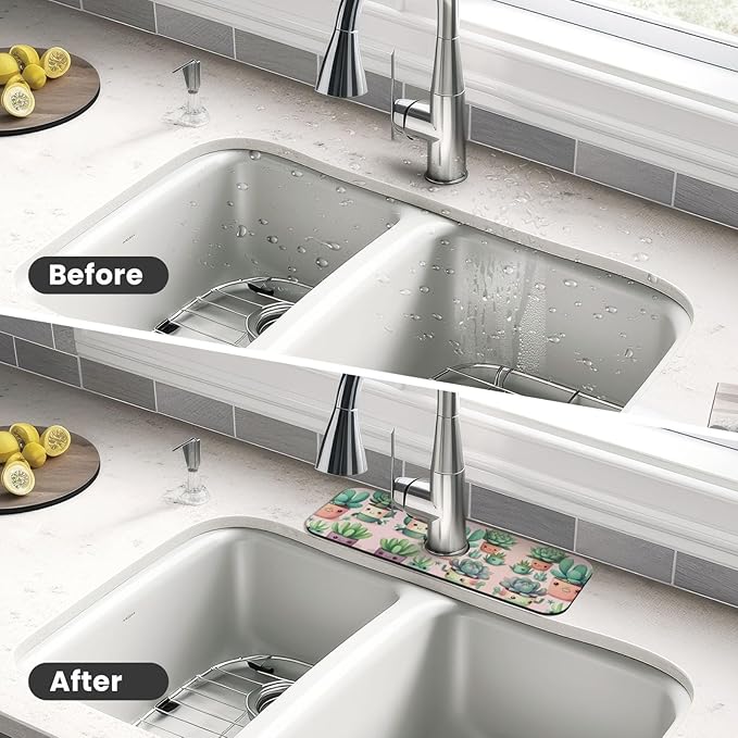 Lovely Succulent Plants Printed Faucet Absorbent mat, Suitable for bathrooms, Kitchens, and Other Sink Areas.