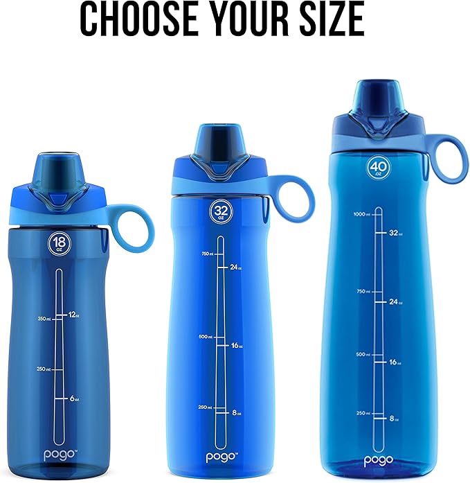 Pogo Plastic Water Bottle with Chug Lid and Carry Handle, Reusable, BPA Free, Dishwasher Safe, Perfect for Travel, School, Outdoors, and Gym | 18oz, 32oz, 40oz, 64oz