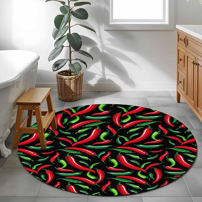 Washable Round Area Rug Spicy Chili Pepper Pattern Circle Rugs Floor Carpet for Living Room Bedroom, Red Green Peppers on Black Soft Non Slip Round Rug 3ft