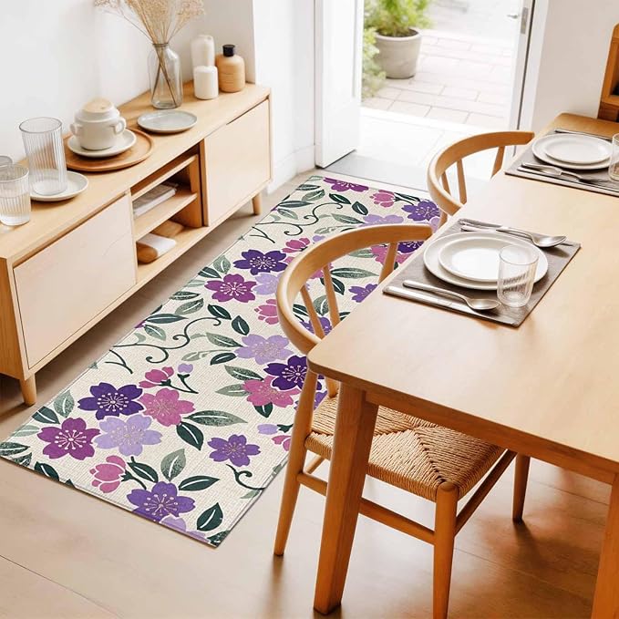 Runner Rug for Bedroom Hallway, Watercolor Country Flowers Kitchen Runner Rugs Area Rug 2x6ft, Plum Blossoms on Linen Washable Soft Floor Carpet for Entryway Stair