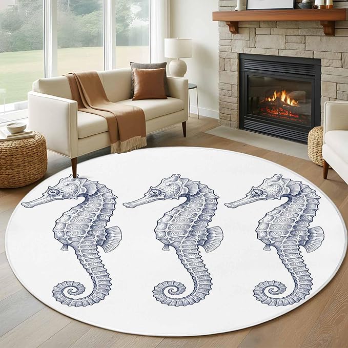 Washable Round Area Rug Summer Light Blue Seahorse Circle Rugs Floor Carpet for Living Room Bedroom, Underwater Ocean Animals Soft Non Slip Round Rug 5ft