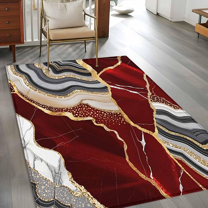 Area Rug 3x5ft, Abstract Flowing Marble Fluid Art Washable Rugs for Living Room Bedroom, Red and Gold Lines Soft Non-Slip Area Rugs Rectangle Floor Carpet for Dining Room