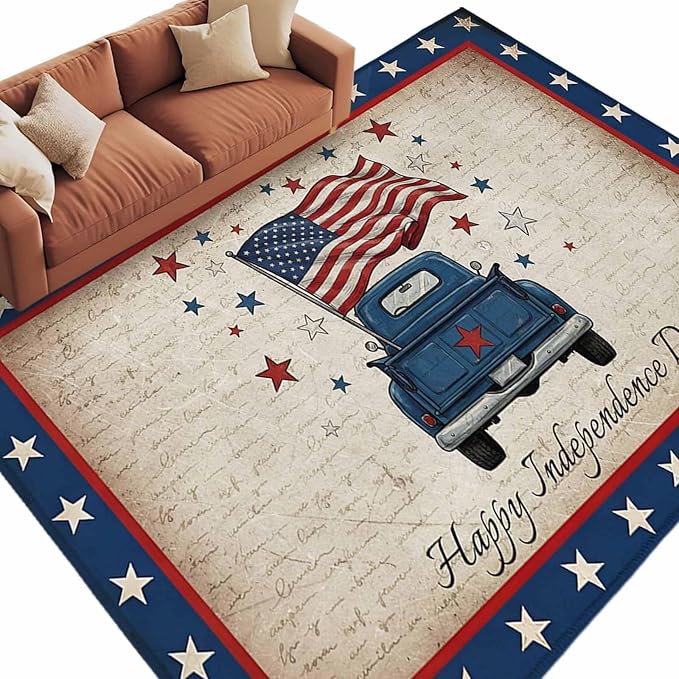 Area Rug 6x9ft, Happy Independence Day USA Flag Washable Rugs for Living Room Bedroom, Retro Blue Truck Soft Non-Slip Area Rugs Rectangle Floor Carpet for Dining Room