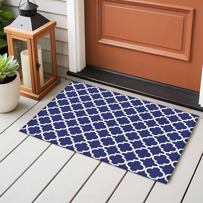 Area Rug 2x3ft, Navy Blue Moroccan Plaid Washable Rugs for Living Room Bedroom, White Line Buffalo Lattice Soft Non-Slip Area Rugs Rectangle Floor Carpet for Dining Room