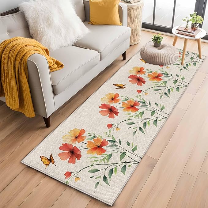 Runner Rug for Bedroom Hallway, Summer Watercolor Flower Butterfly Kitchen Runner Rugs Area Rug 2x6ft, Green Leaves Retro Linen Washable Soft Floor Carpet for Entryway Stair