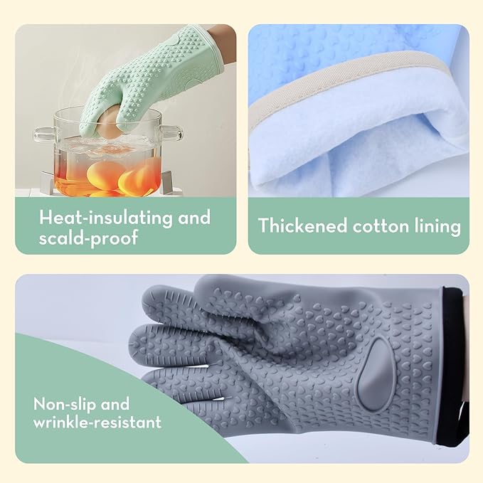 Silicone Oven Mitts Heat,1 Pair Non-Slip Five-Finger Oven Gloves, Waterproof Flexible BBQ Grilling Gloves with Hanging Loops, Kitchen Mitts for Baking Cooking Frying (Sky Blue)