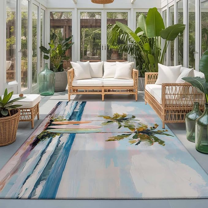 Area Rug 3x5ft, Summer Blue Ocean Surfboard Washable Rugs for Living Room Bedroom, Tropical Plant Palm Tree Soft Non-Slip Area Rugs Rectangle Floor Carpet for Dining Room