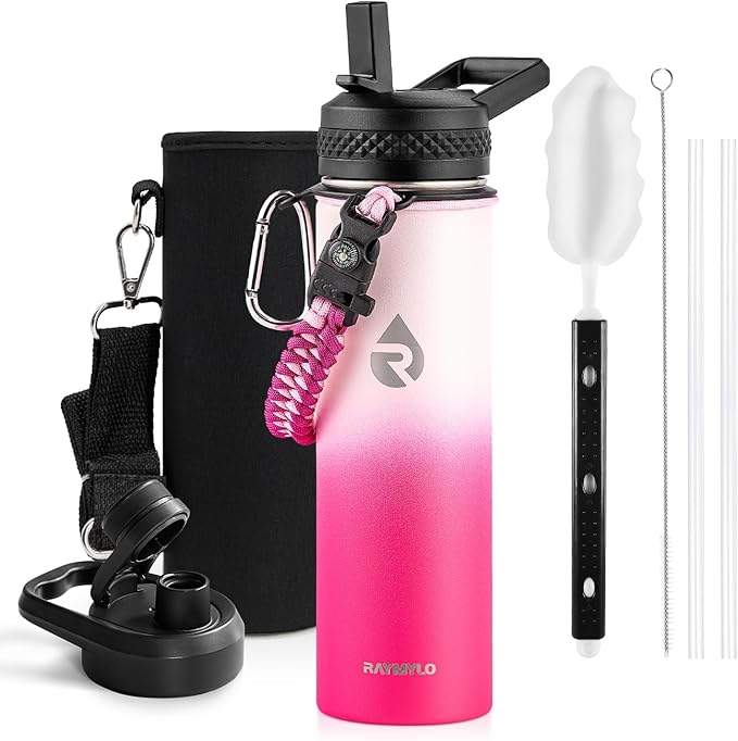 RAYMYLO Insulated Water Bottle 20 oz, Triple Wall Vacuum Stainless Steel (Cold for 24Hrs, Hot for 12Hrs), Leak Proof & Non-BPA, Kids Water Bottle Jug for School with Straw Spout Lids