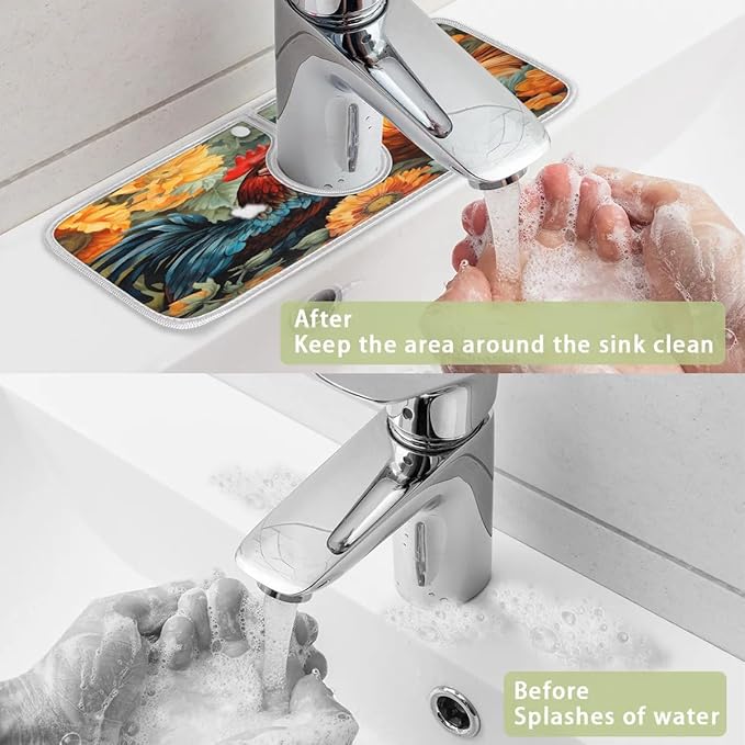 Farmhouse Vintage Rooster Sink Mat for Kitchen Faucet Absorbent Microfiber Faucet Mat Washable Sink Water Splash Guard Drip Catcher for Faucet