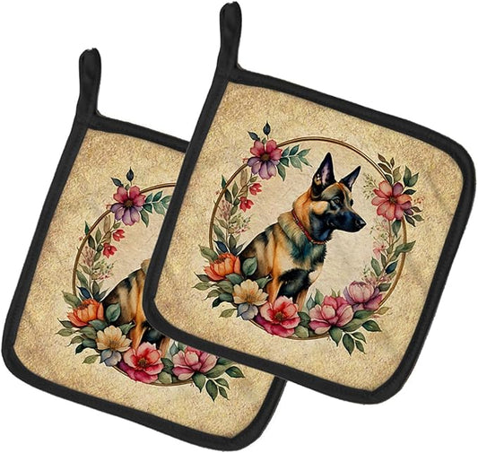 Caroline's Treasures Belgian Malinois and Flowers Pair of Pot Holders Kitchen Heat Resistant Pot Holders Sets Oven Hot Pads for Cooking Baking BBQ, 7 1/2 x 7 1/2