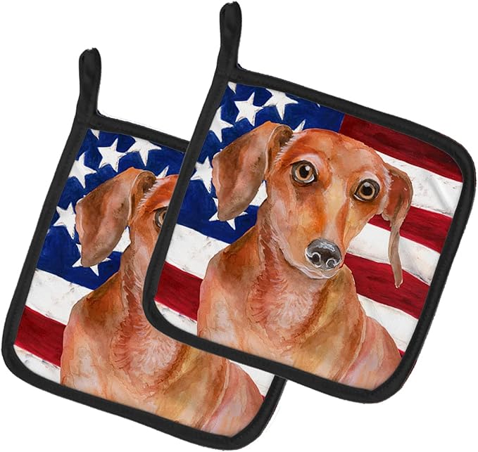 Caroline's Treasures BB9707PTHD Red Dachshund Patriotic Pair of Pot Holders Kitchen Heat Resistant Pot Holders Sets Oven Hot Pads for Cooking Baking BBQ, 7 1/2 x 7 1/2
