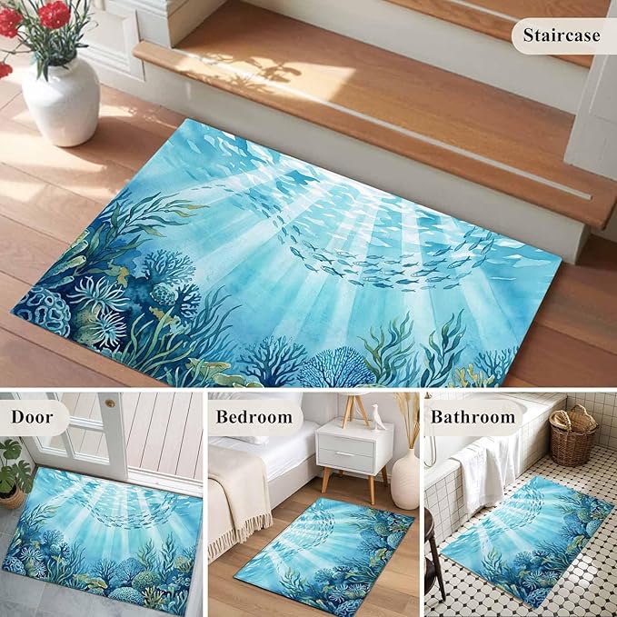 Area Rug 2x3ft, Underwater World Coral Seaweed Washable Rugs for Living Room Bedroom, Seafloor Ocean Life Fish Soft Non-Slip Area Rugs Rectangle Floor Carpet for Dining Room
