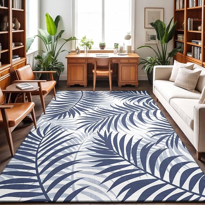 Area Rug 8x10ft, Abstract Navy Blue Palms Leaves Washable Rugs for Living Room Bedroom, Summer Botantical Soft Non-Slip Area Rugs Rectangle Floor Carpet for Dining Room