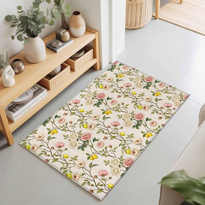 Area Rug 2x3ft, Farmhouse Blossom Flower Leaf Lemon Washable Rugs for Living Room Bedroom, Summer Retro Floral Fruit Soft Non-Slip Area Rugs Rectangle Floor Carpet for Dining Room