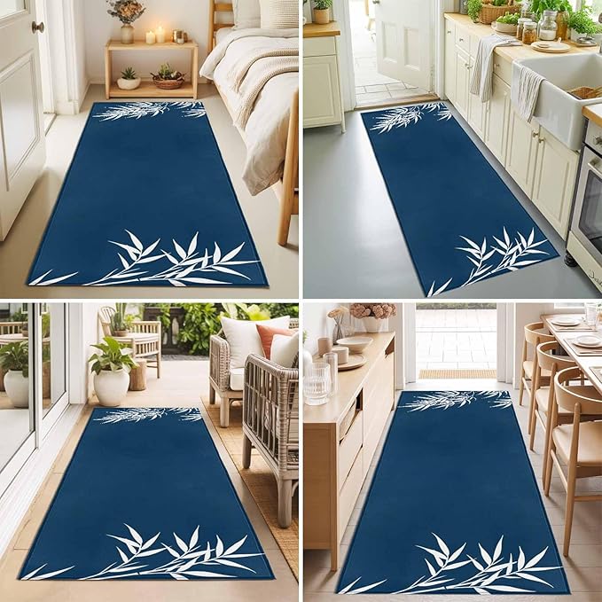 Runner Rug for Bedroom Hallway, Country Leaf on Dark Blue Kitchen Runner Rugs Area Rug 2x6ft, Botanical Silhouette Minimalist Style Washable Soft Floor Carpet for Entryway Stair