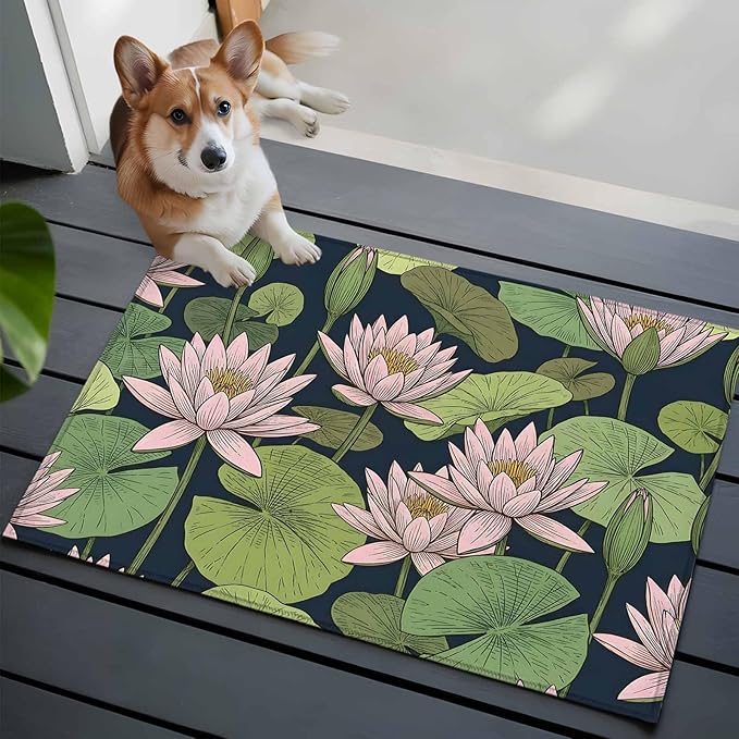 Area Rug 2x3ft, Pink Lotus Water Lily Dark Green Leaves Washable Rugs for Living Room Bedroom, Oriental Style Soft Non-Slip Area Rugs Rectangle Floor Carpet for Dining Room