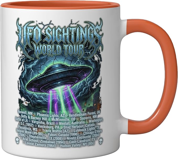 Vintage UFO Sightings World-Tour Cool-Looking Heavy-Metal Ceramic Mug, Orange/White