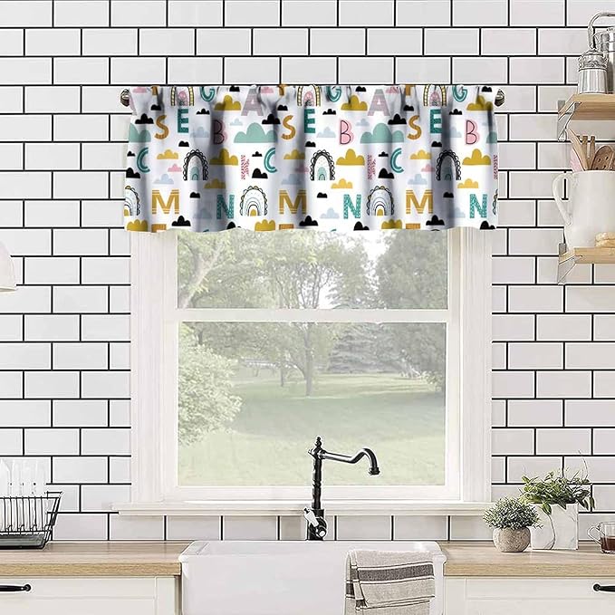 ABC Alphabet Valance, Cartoon Boho Rainbow Clouds Educational Tool Short Window Treatment for Kids Boys Girls Nursery Bedroom Classroom Kitchen, 54x18Inch