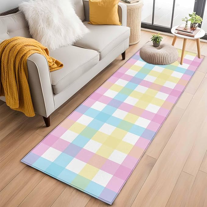 Runner Rug for Bedroom Hallway, Spring Easter Colorful Lattice Kitchen Runner Rugs Area Rug 2x6ft, Minimalist Buffalo Checker Washable Soft Floor Carpet for Entryway Stair