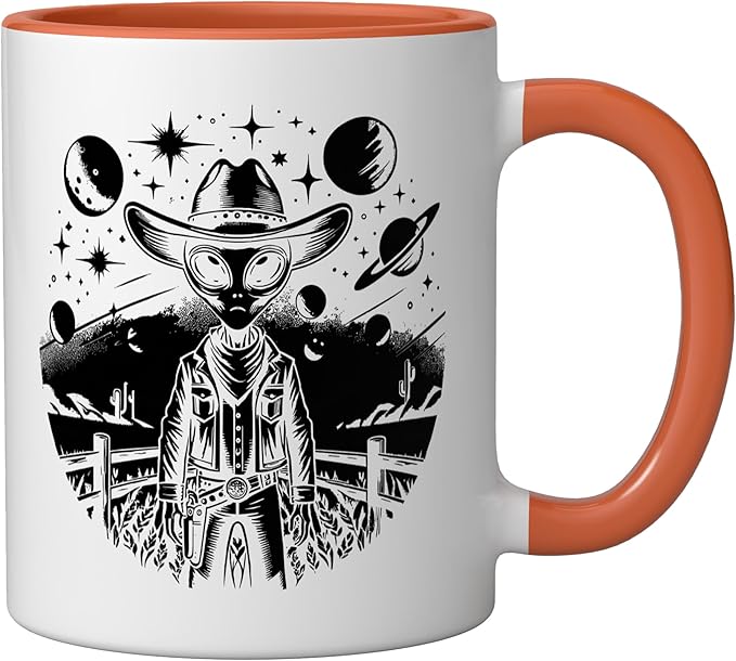 Alien Lover Flying Saucer UFO Extraterrestrial Cowboy Ceramic Mug, Orange/White