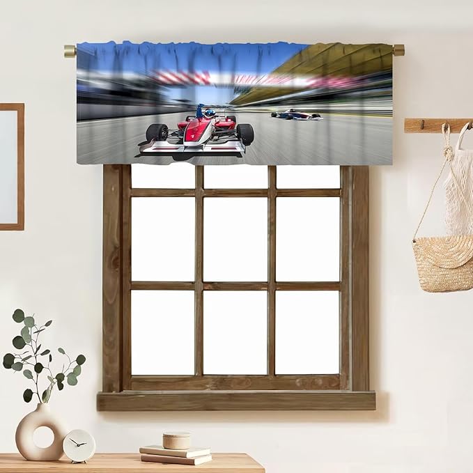 Racing Car Valance Curtain Extreme Sports Car Race Track Finish Line Pattern Rod Pocket Valance Window Treatments Short Curtains for Kitchen Bathroom Farmhouse Living Room 54x18inch