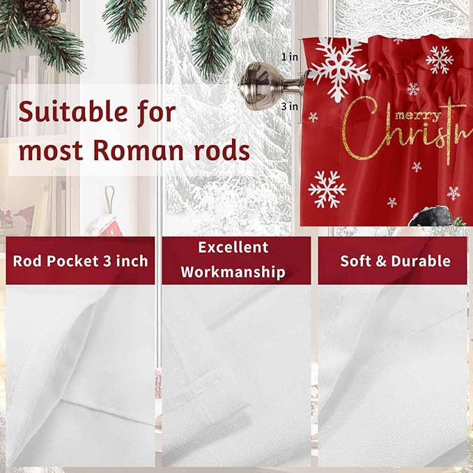 Merry Christmas Swag Valance Curains Snowflake Green Xmas Tree Snowman Red Rod Pocket Kitchen Curtains Scalloped Window Treatment Valances Swag for Living Room Bedroom, 1 Pair, 36"W x 45"L