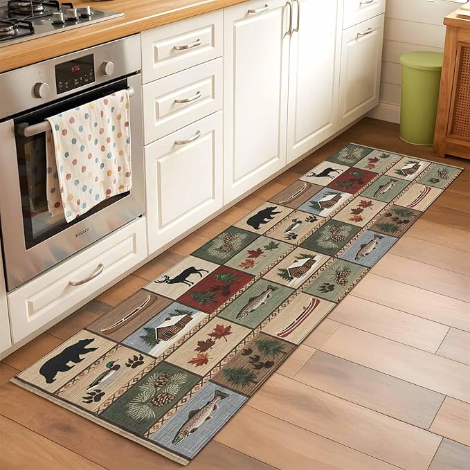 Runner Rug for Bedroom Hallway, Vintage Bear Forest Deer Fish Village Kitchen Runner Rugs Area Rug 2x6ft, Retro Wildlife Themes Washable Soft Floor Carpet for Entryway Stair