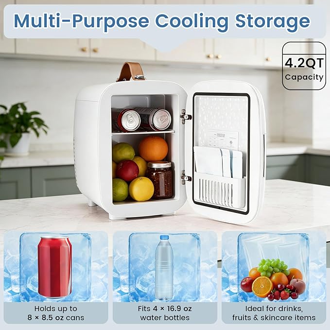 NEWBULIG Mini Fridge for Bedroom, Office & Car, Portable 4L/4.23QT Mini Refrigerator for Skincare with Handle, Ultra-Quiet Energy-Saving Compact Cooler for Drinks, Food, Skincare & Makeup, 12V AC/DC
