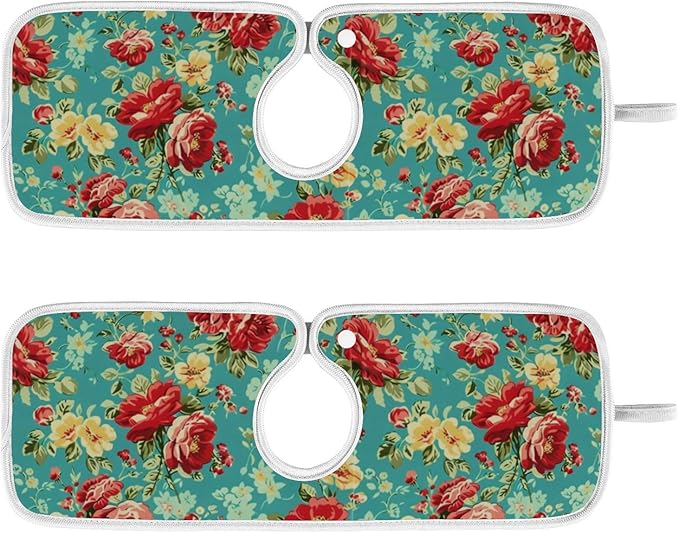 Kitchen Faucet Absorbent Mat,Rose Flower Floral Water Splash Guard for Sink, Faucet Drip Catcher Thicken Sponge Microfiber Faucet Water Catcher Mat Sink Absorbent Mat for Kitchen 30x5in 2 Pack