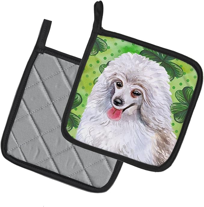 Caroline's Treasures BB9857PTHD Medium White Poodle St Patrick's Pair of Pot Holders, Green Kitchen Heat Resistant Pot Holders Sets Oven Hot Pads for Cooking Baking BBQ, 7 1/2 x 7 1/2