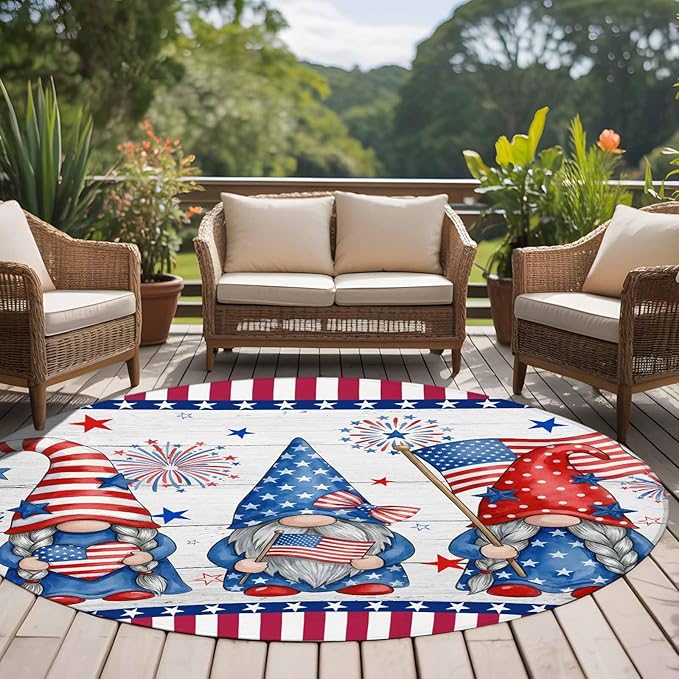 Washable Round Area Rug Independence Day USA Flag Star Dwarf Circle Rugs Floor Carpet for Living Room Bedroom, Stripes on Wood Grain Soft Non Slip Round Rug 5ft