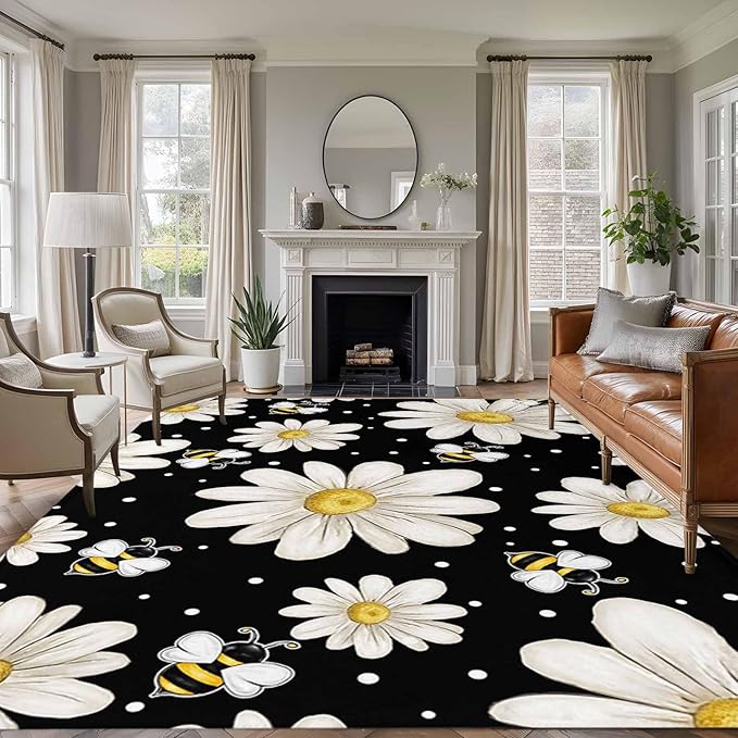 Area Rug 8x10ft, Watercolor White Floral Daisy Bee Washable Rugs for Living Room Bedroom, Blossom Flower on Black Soft Non-Slip Area Rugs Rectangle Floor Carpet for Dining Room