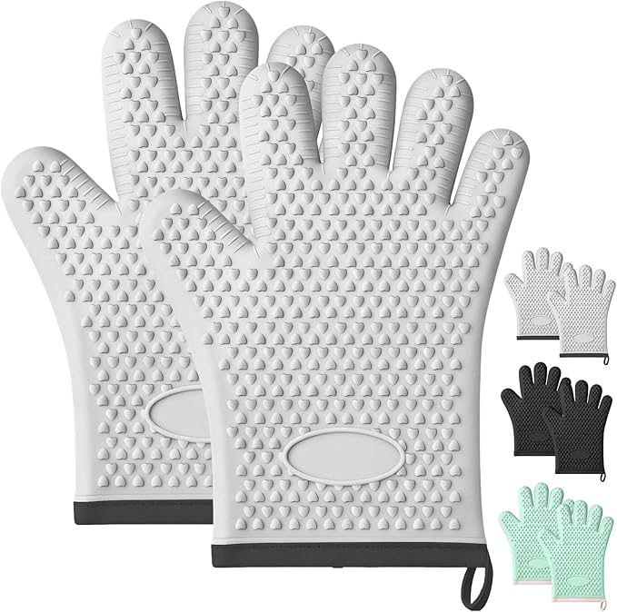 Oven Mitts Heat Resistant,Silicone Oven Gloves with Fingers,Waterproof & Non-Slip Oven Gloves with Soft Cotton Lining,Oven Glove Kitchen Mitts for Cooking Baking Grilling and BBQ(Grey)