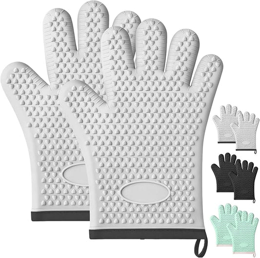 Oven Mitts Heat Resistant,Silicone Oven Gloves with Fingers,Waterproof & Non-Slip Oven Gloves with Soft Cotton Lining,Oven Glove Kitchen Mitts for Cooking Baking Grilling and BBQ(Grey)