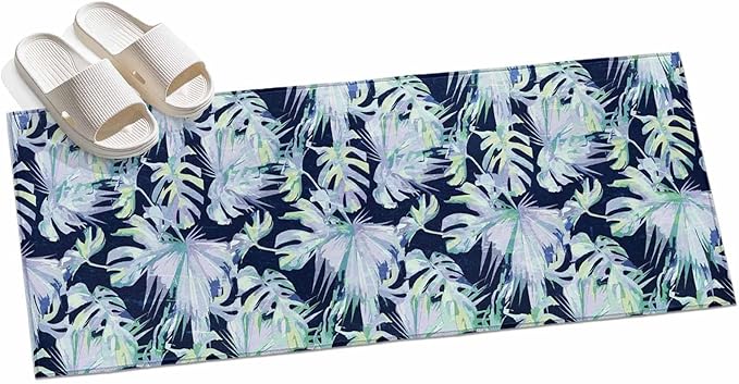Runner Rug for Bedroom Hallway, Watercolor Blue Teal Palm Leaves Kitchen Runner Rugs Area Rug 2x6ft, Abstract Botanical Washable Soft Floor Carpet for Entryway Stair