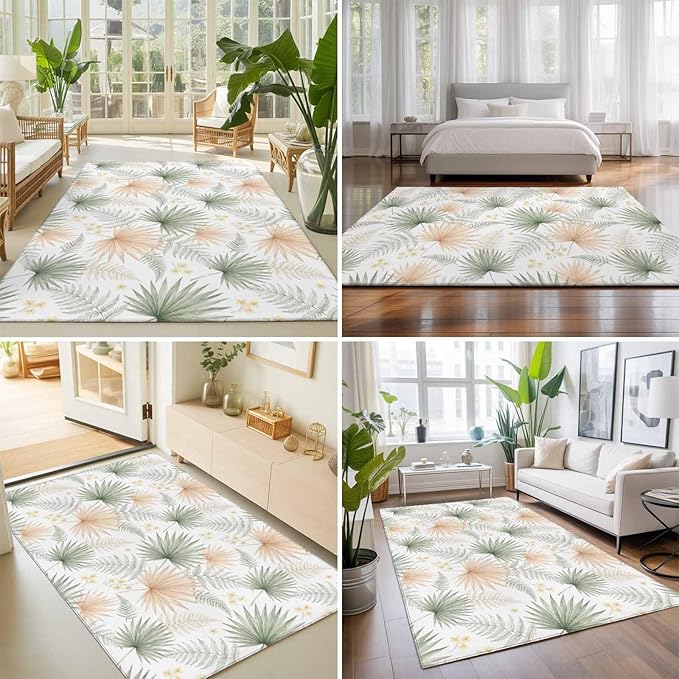 Area Rug 9x12ft, Boho Tropical Palm Washable Rugs for Living Room Bedroom Rectangle Floor Carpet, Watercolor Seamless Background Soft Non-Slip Area Rugs for Dining Room