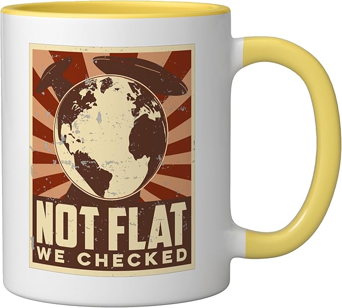 Ufo Alien Not Flat We Checked Ceramic Mug, Yellow/White