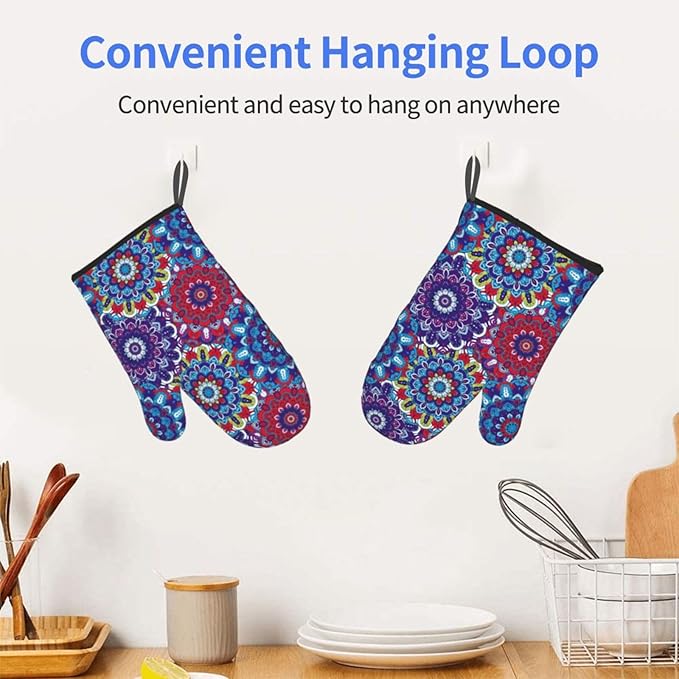 Boho Floral Oven Mitts of 2 Pack, Funny Kitchen Gloves Heat Resistant Non-Slip Kitchen Mitts for Cooking Baking Grilling