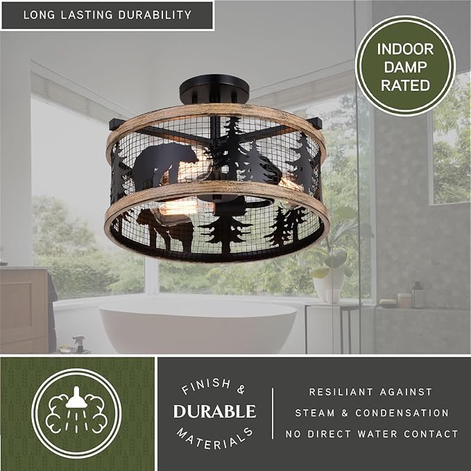 VAXCEL Kodiak 16 Inch Rustic Flush Mount Ceiling Light, Bear and Tree Motif, Dimmable Indoor Outdoor Lighting, Black and Burnished Teak Finish