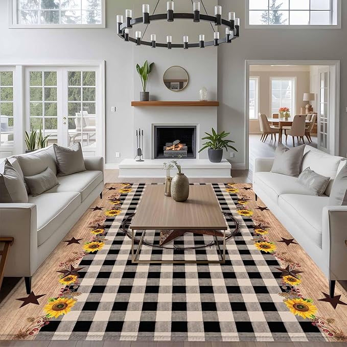 Area Rug 6x9ft, Western Star Farm Sunflower Washable Rugs for Living Room Bedroom, Vintage Wood Grain Black Buffalo Plaid Soft Non-Slip Area Rugs Rectangle Floor Carpet for Dining Room