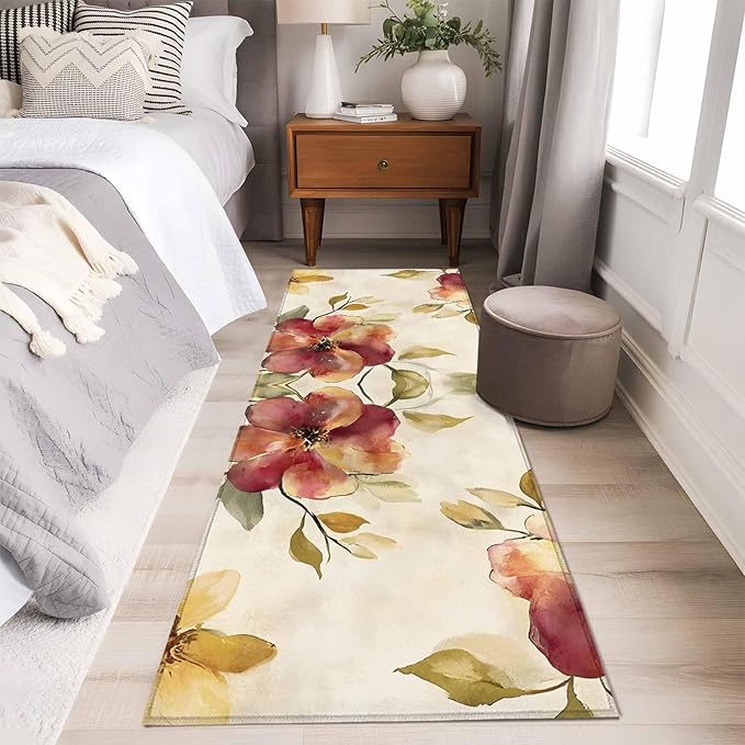 Runner Rug for Bedroom Hallway, Oil Painting Style Flowers Kitchen Runner Rugs Area Rug 2x6ft, Vintage Country Floral Washable Soft Floor Carpet for Entryway Stair