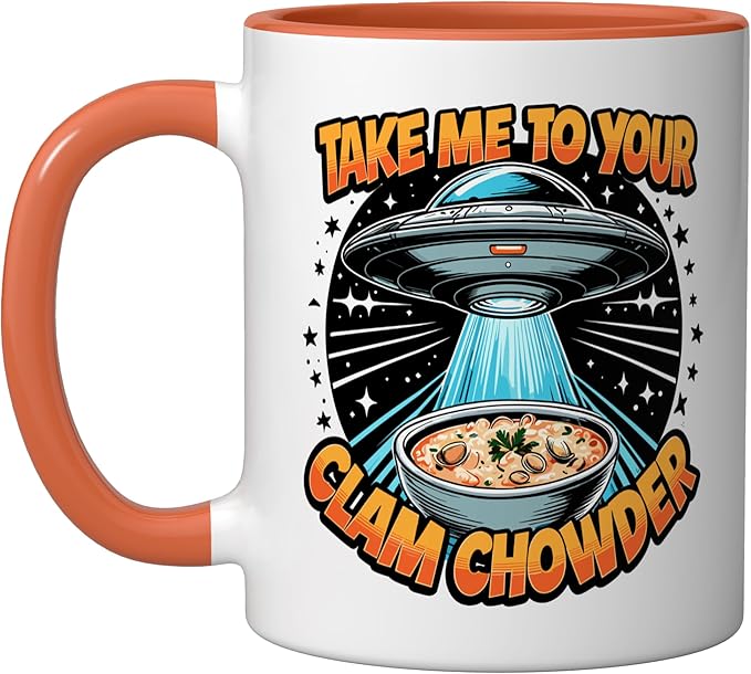 Take Me to Your Clam Chowder UFO Abduction Clam Chowder Ceramic Mug, Orange/White