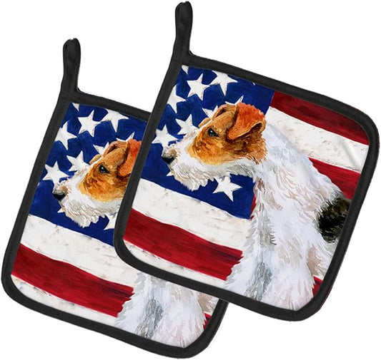 Caroline's Treasures BB9650PTHD Fox Terrier Patriotic Pair of Pot Holders Kitchen Heat Resistant Pot Holders Sets Oven Hot Pads for Cooking Baking BBQ, 7 1/2 x 7 1/2