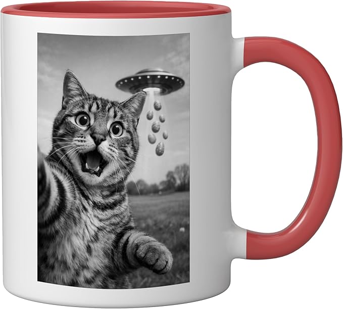 Funny Cat Selfie Easter Eggs Alien UFO Abduction Men Women Ceramic Mug, Red/White