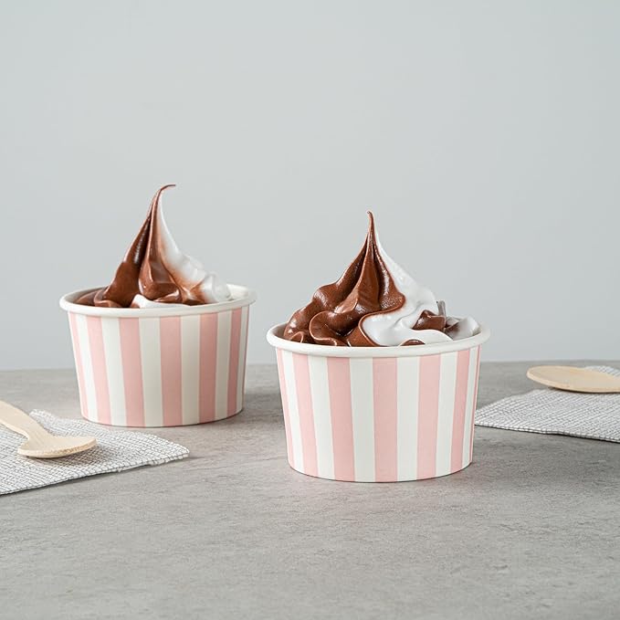 Coppetta 3-Ounce Dessert Cups, 200 Disposable Ice Cream Cups - Lids Sold Separately, Striped, Pink And White Paper FroYo Bowls, For Hot And Cold Foods, Perfect For Gelato Or Mousse - Restaurantware