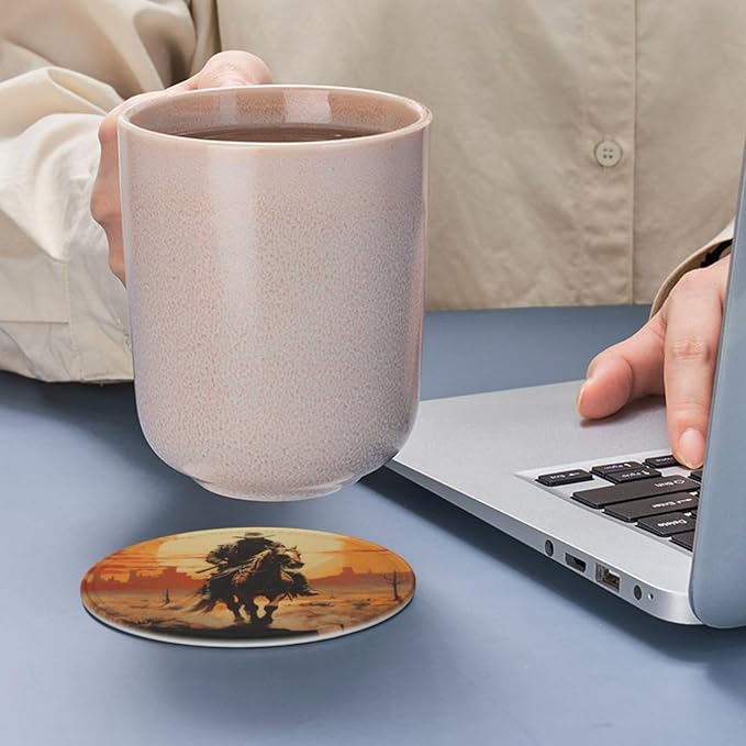 Famame 6 Pcs West Desert Cowboy Sunset Leather Coasters for Drinks with Holder Coaster Sets Drink Table Cup Coasters for Living Room Kitchen Coffee Decor