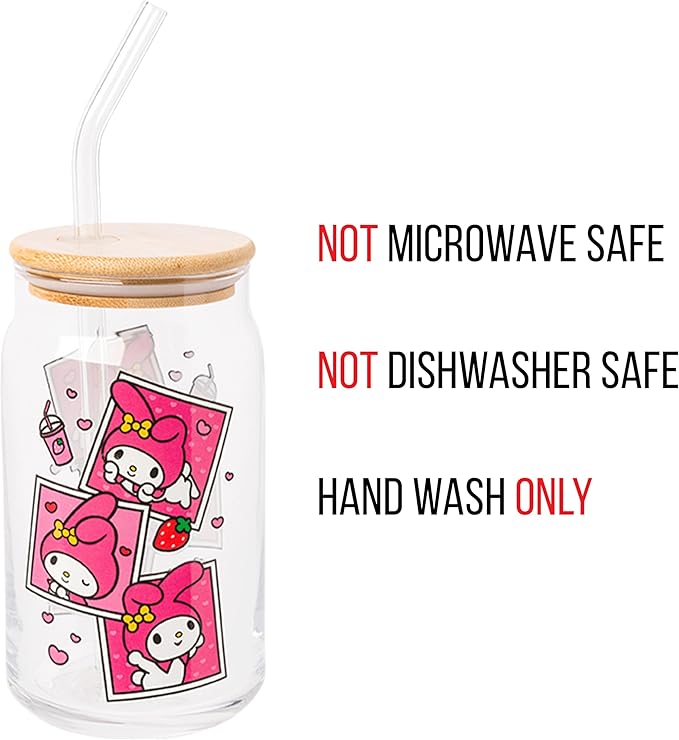 Silver Buffalo Sanrio Hello Kitty and Friends My Melody Polaroids Glass Jar Tumbler with Bamboo Lid and Glass Straw, 16 Ounces (Pack of 12)