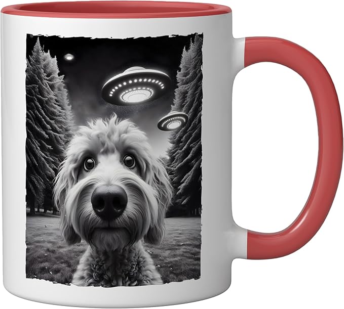 Funny Golden Doodle Selfie UFO Encounters for Dog Lovers Ceramic Mug, Red/White