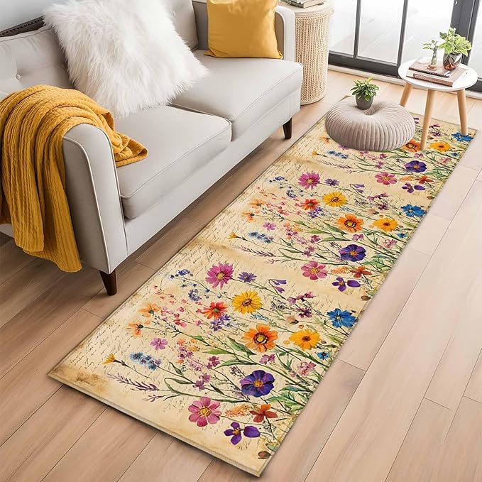 Runner Rug for Bedroom Hallway, Farmhouse Colorful Small Flower Kitchen Runner Rugs Area Rug 2x6ft, Retro Backdrop Seamless Washable Soft Floor Carpet for Entryway Stair